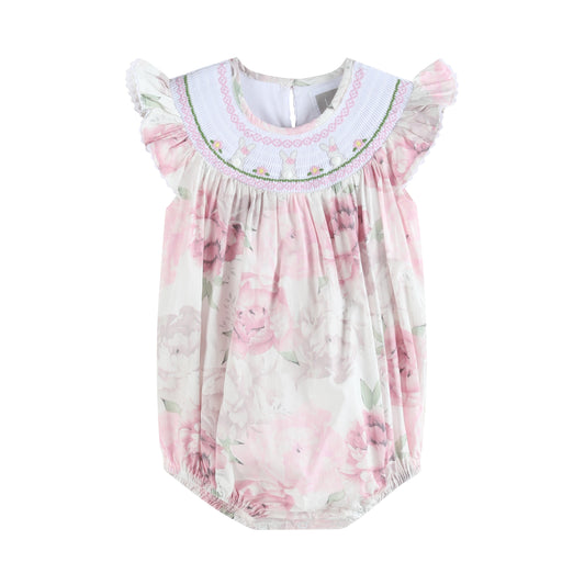 Pink and White Peony Bunny Smocked Flutter Romper