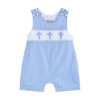 Periwinkle Blue Crosses Smocked Shortalls