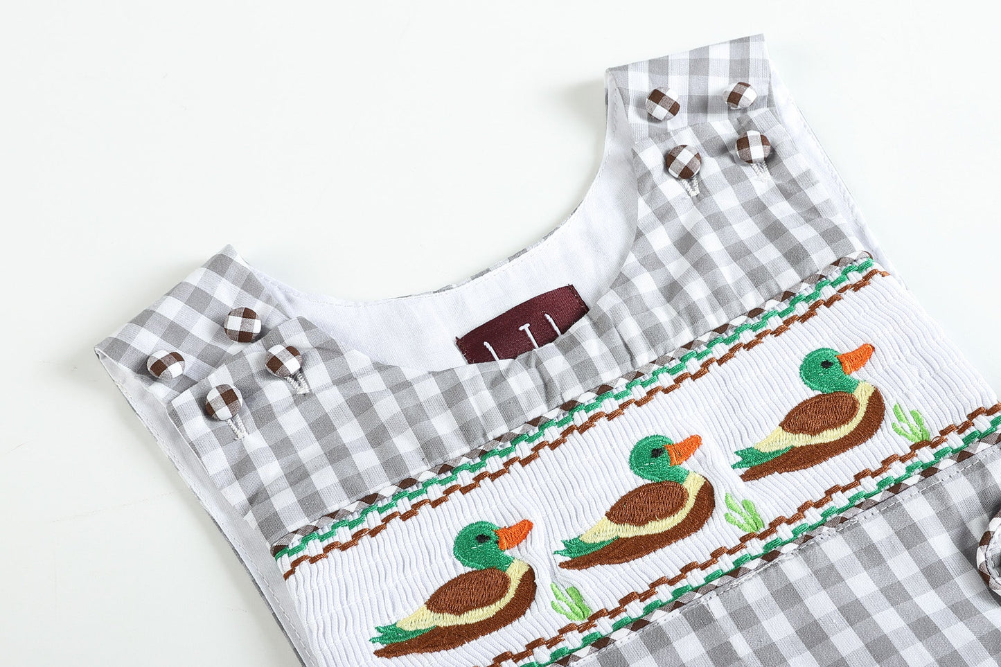 Baby Boy Gray Gingham Mallard Smocked Overalls