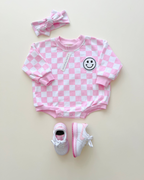 Checkered Smiley Pink Bubble Romper