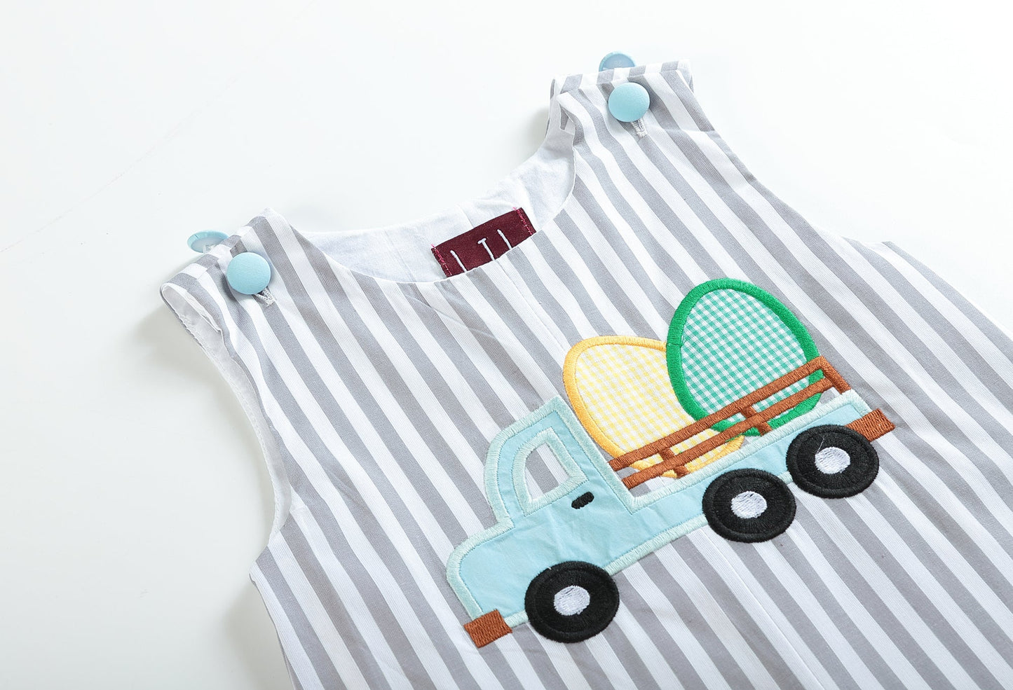 Gray Striped Easter Egg Truck Boys Shortalls