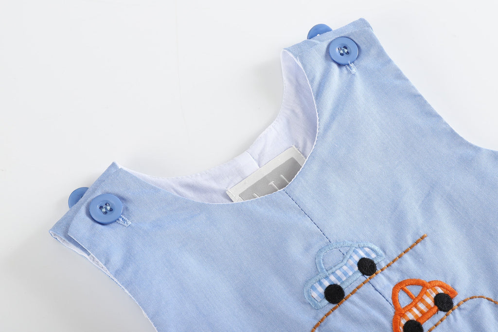 Boys Blue Car Race Track Embroidery Shortalls