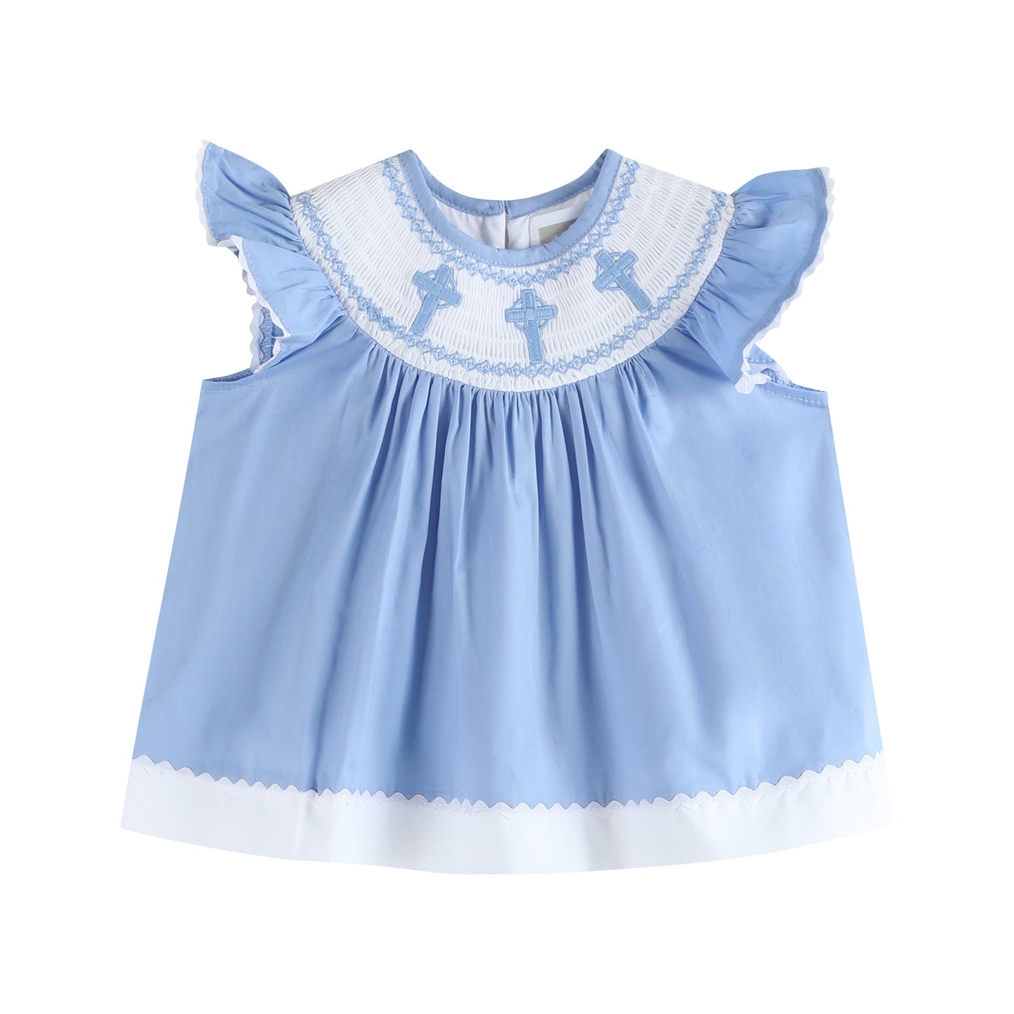 Baby Girl Periwinkle Blue Crosses Smocked Dress and Bloomers Set