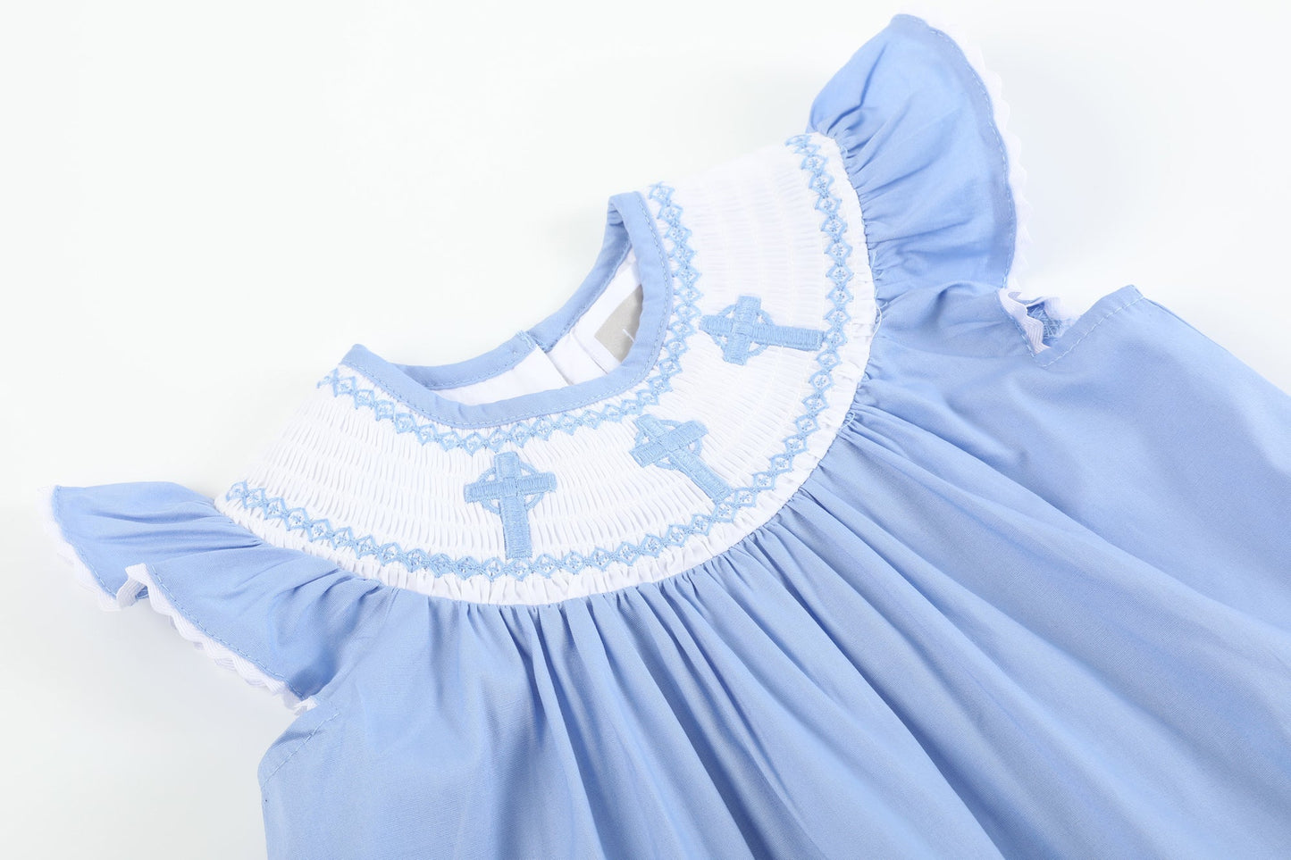 Baby Girl Periwinkle Blue Crosses Smocked Dress and Bloomers Set