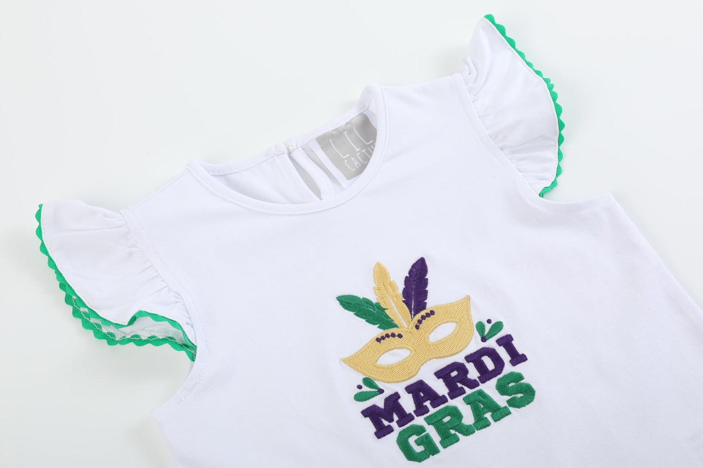 Girls White Mardi Gras Applique Ruffle Shirt