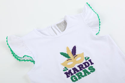 Girls White Mardi Gras Applique Ruffle Shirt