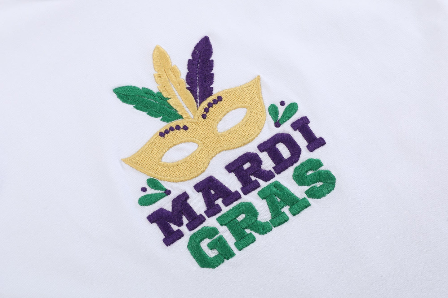 Girls White Mardi Gras Applique Ruffle Shirt