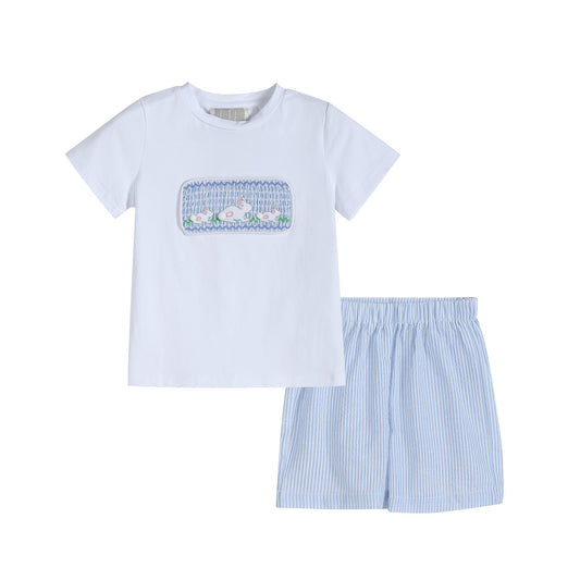 Boys’ Blue Seersucker Bunnies Smocked Shirt and Shorts Set