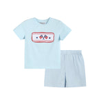 Light Blue USA Flag Smocked T-Shirt & Shorts Set