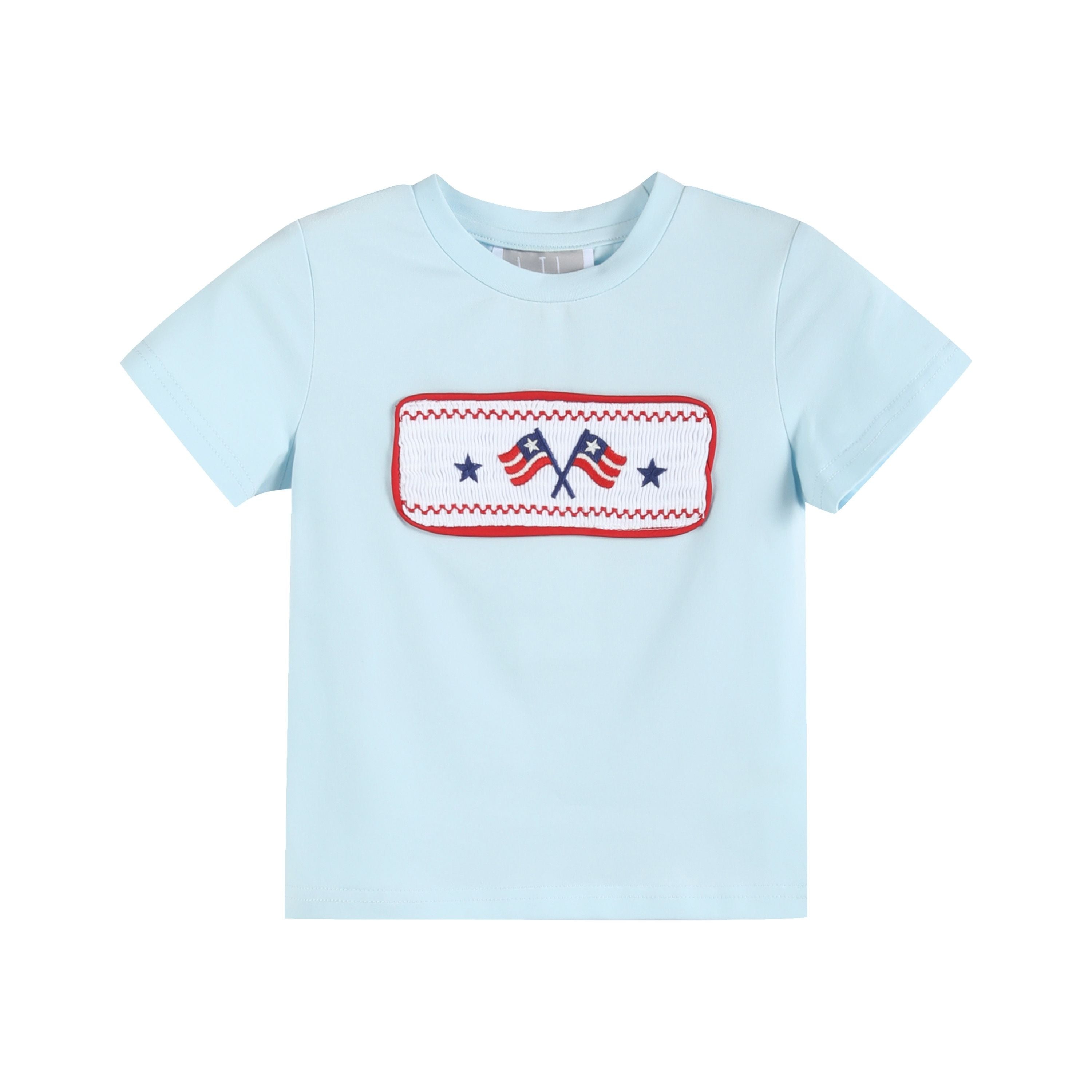Light Blue USA Flag Smocked T-Shirt & Shorts Set