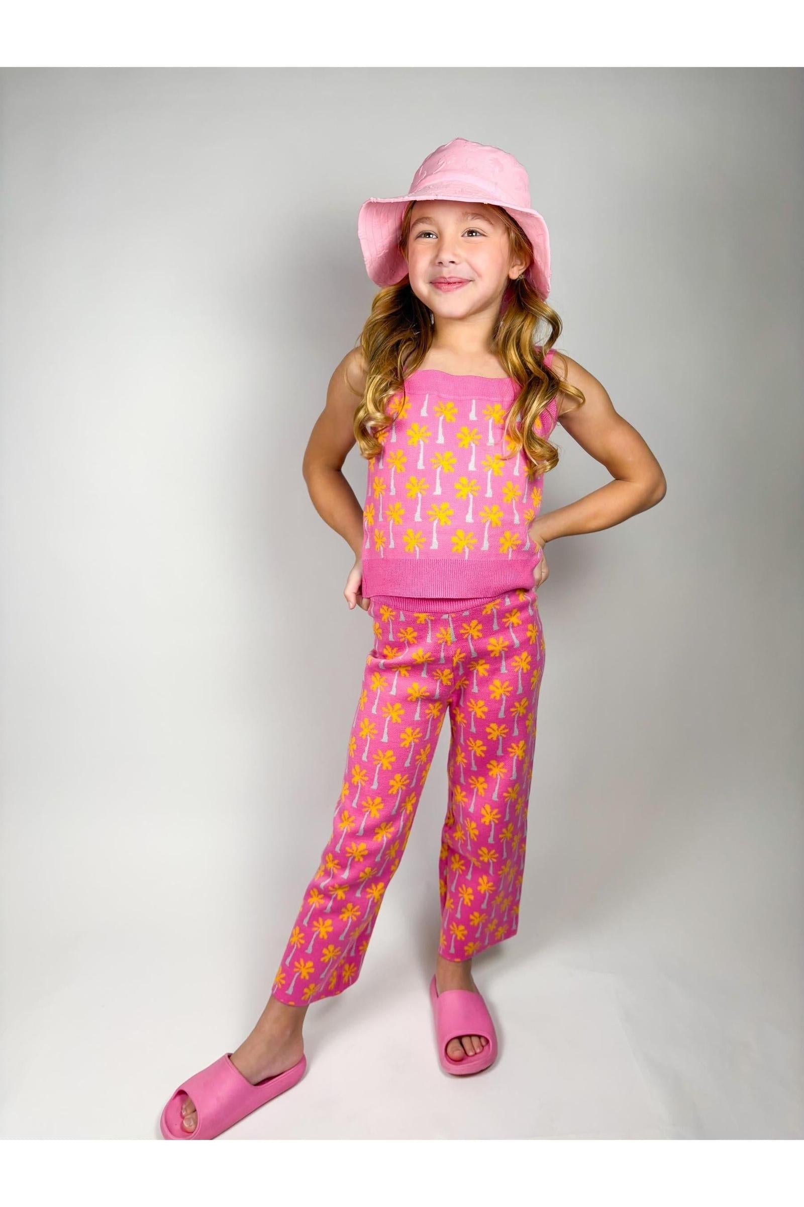 Pink Palm Tree Print Top and Pant Knit Set