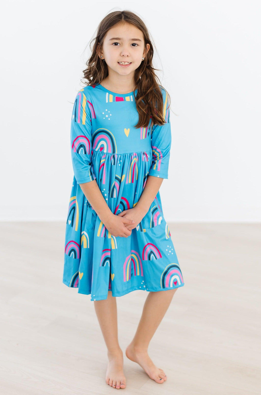 Rainbow 3/4 Sleeve Pocket Twirl Dress