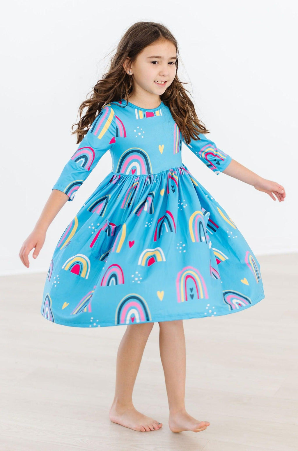 Rainbow 3/4 Sleeve Pocket Twirl Dress
