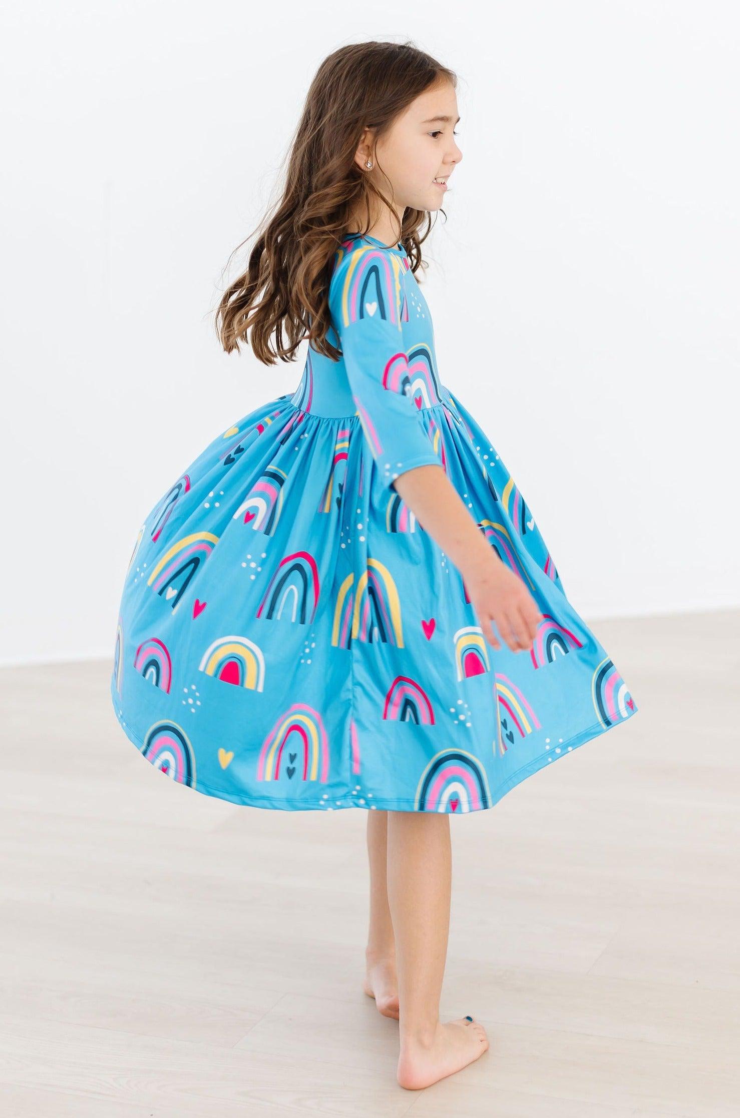 Rainbow 3/4 Sleeve Pocket Twirl Dress