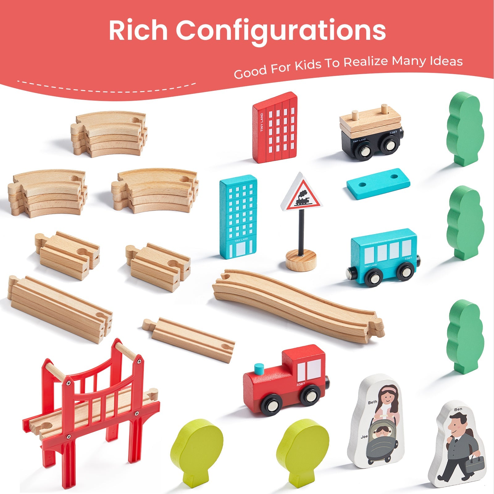 Tiny Land® Wooden Train Set for Children 39 Pcs