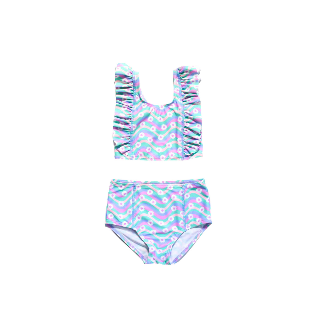 Girls Two Piece Swimsuit – Sunny Times Ruffle Retro Bikini UPF 50+