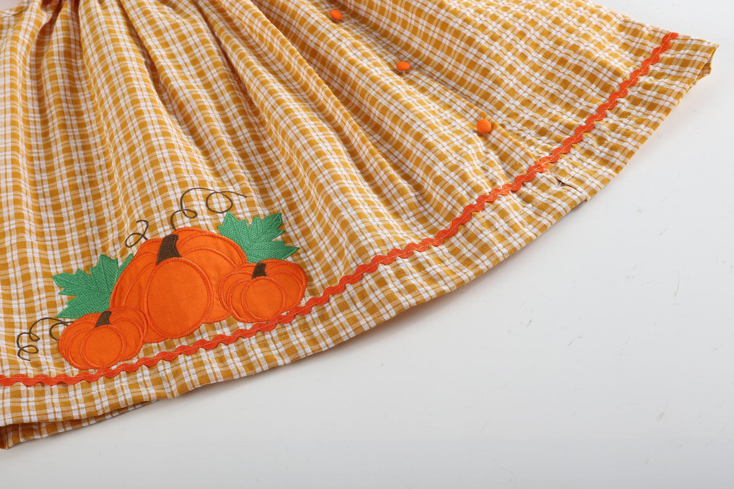 Girls Orange Gingham Pumpkin Yoke Dress