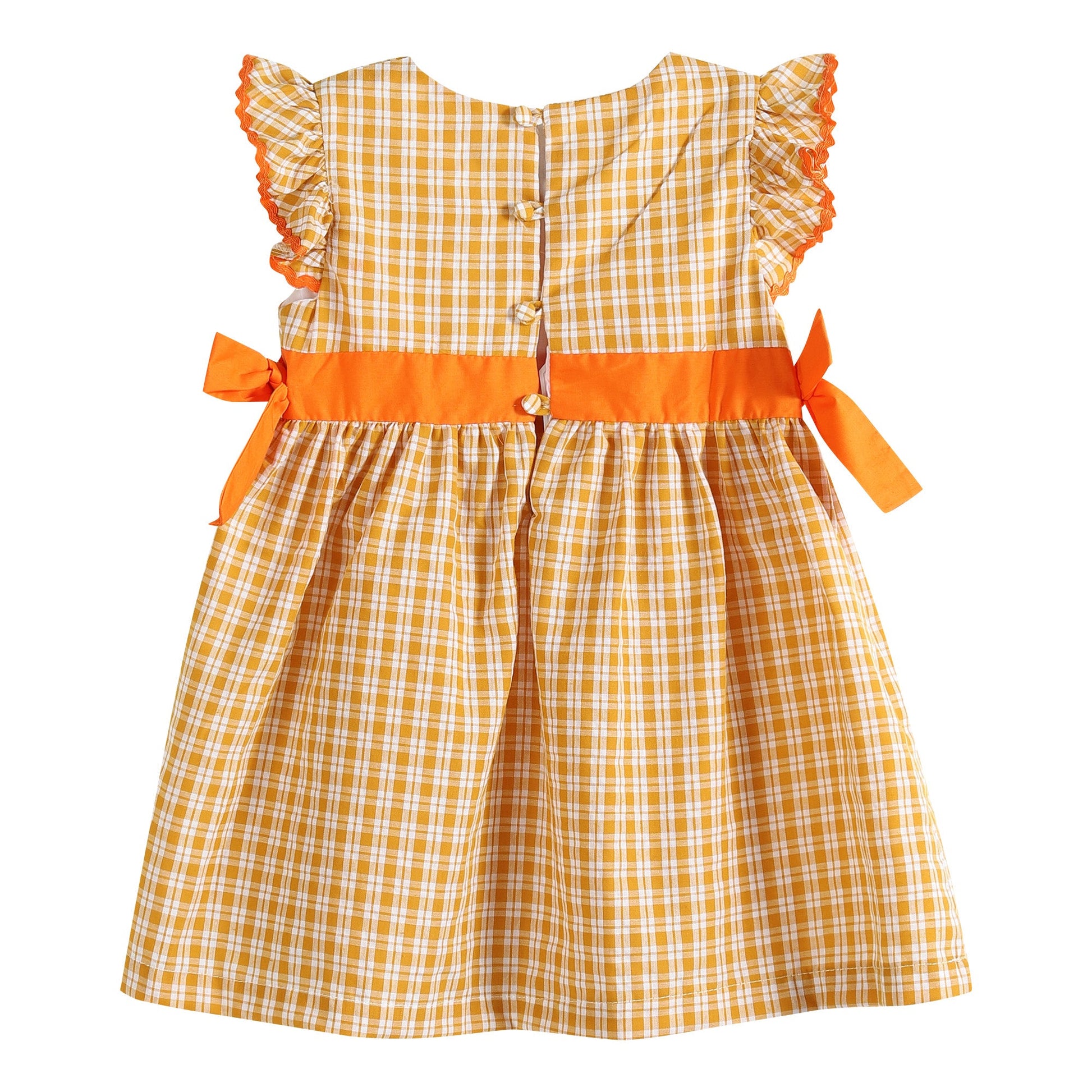 Girls Orange Gingham Ruffle Dress with Pumpkin Appliqué and Bow Accents