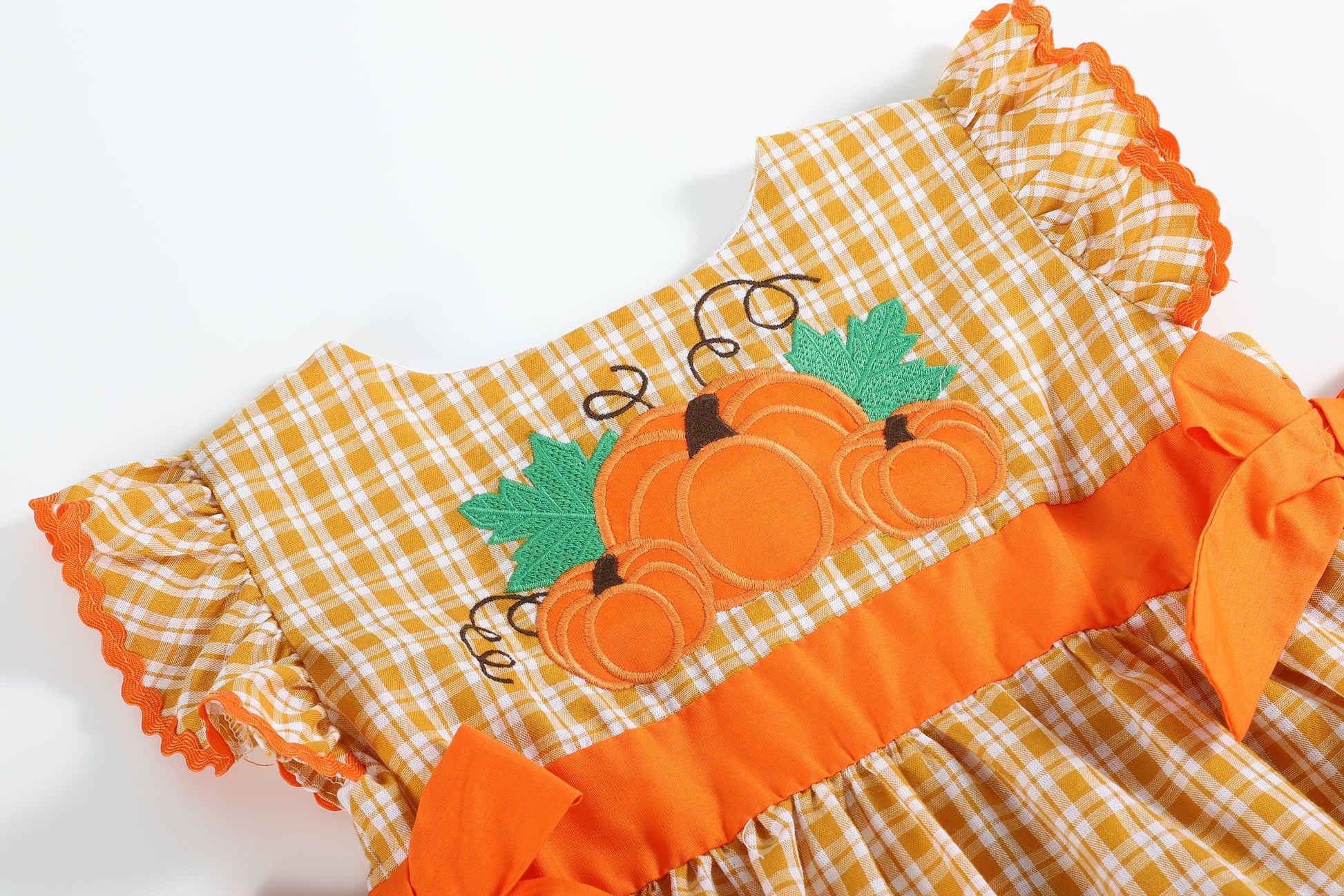 Girls Orange Gingham Ruffle Dress with Pumpkin Appliqué and Bow Accents