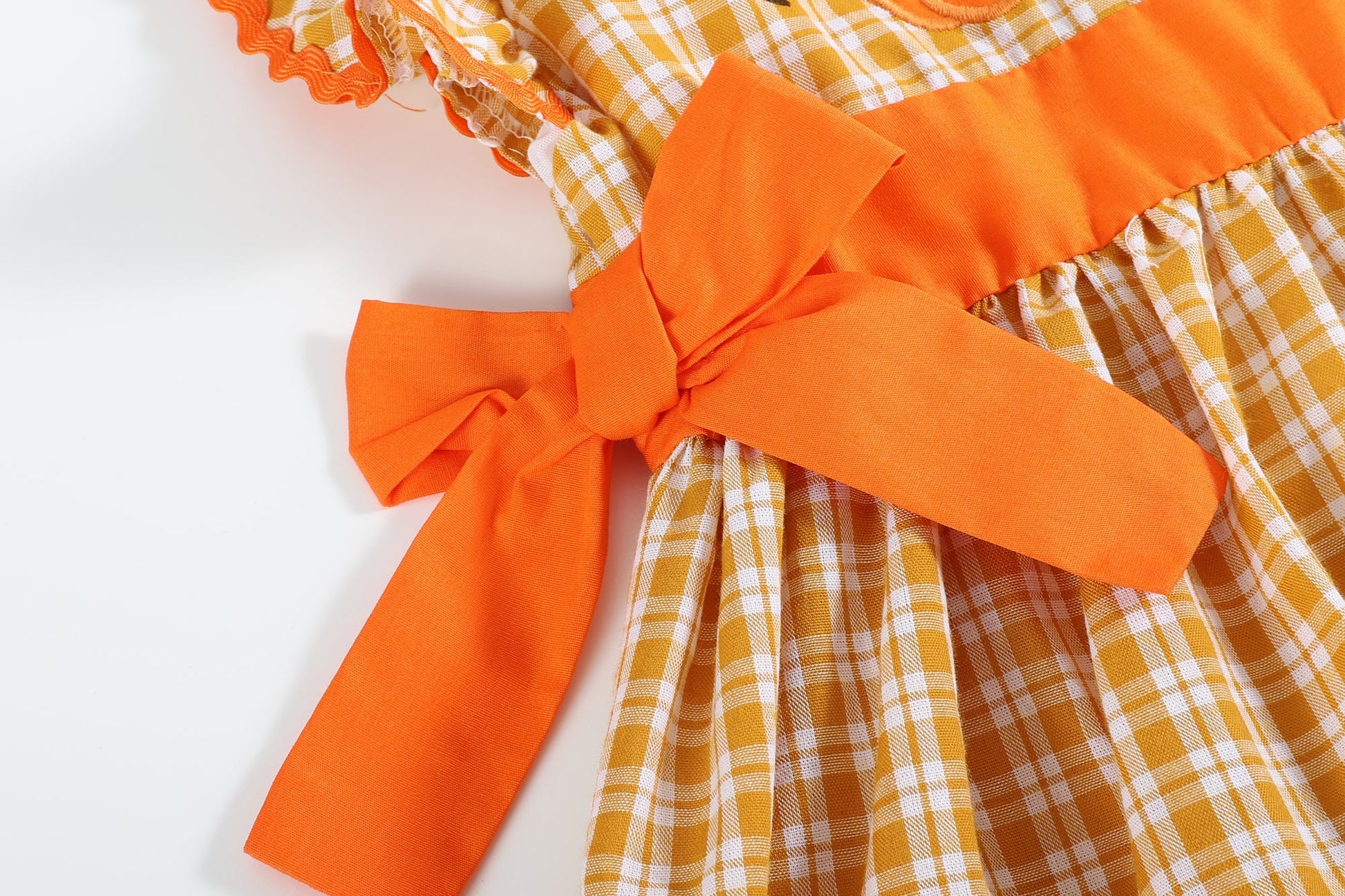 Girls Orange Gingham Ruffle Dress with Pumpkin Appliqué and Bow Accents