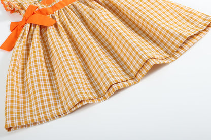 Girls Orange Gingham Ruffle Dress with Pumpkin Appliqué and Bow Accents