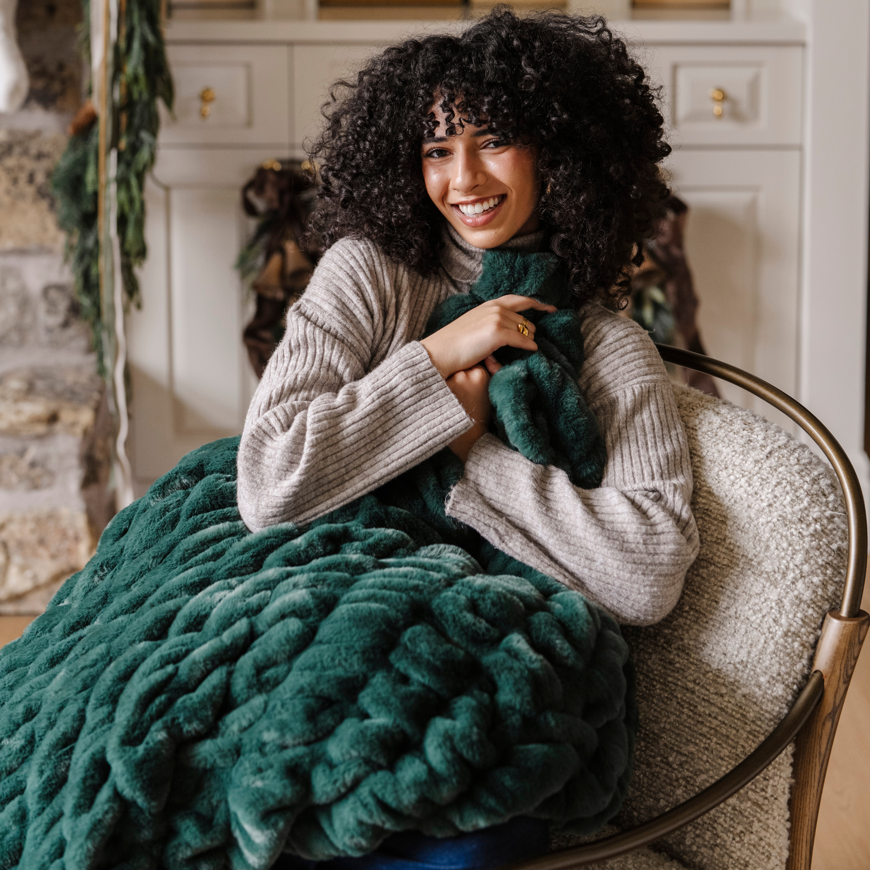 Double Ruched Faux Fur XL Throw Blanket