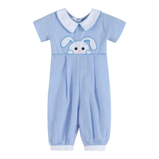 Baby Boy Light Blue Gingham Peek-a-Boo Easter Bunny Collared Romper