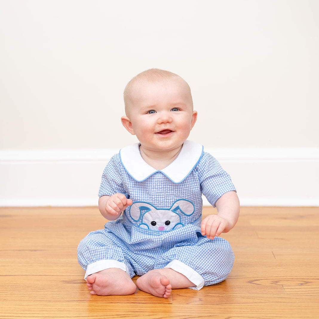 Light Blue Gingham Peek-a-Boo Easter Bunny Collared Romper