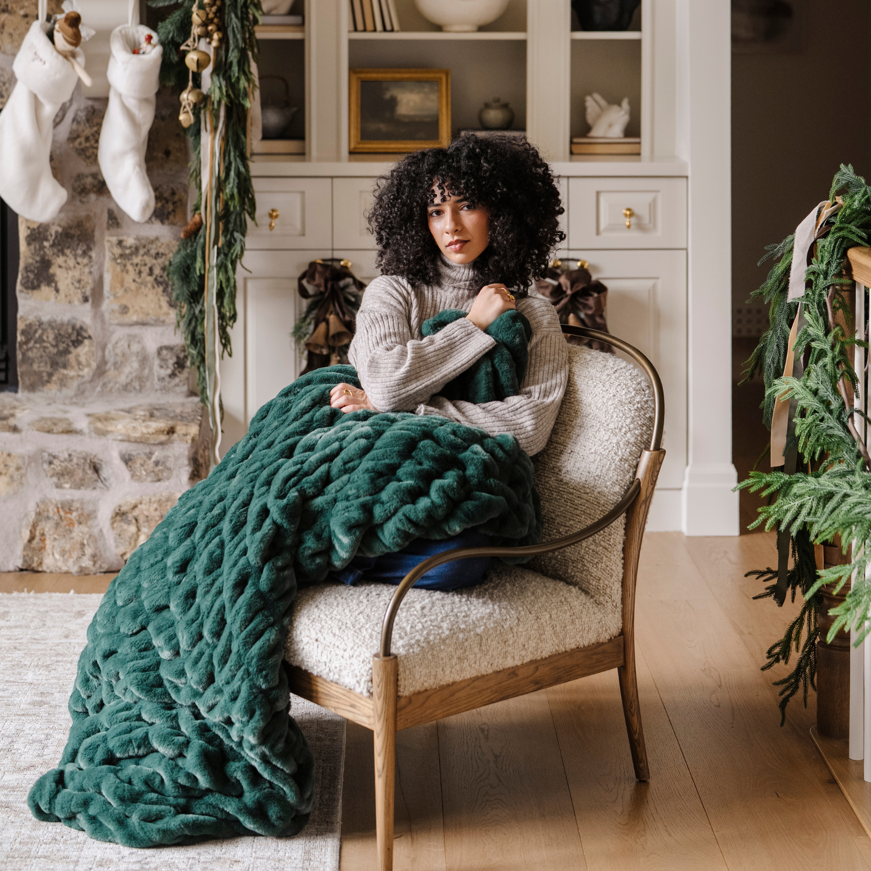 Double Ruched Faux Fur XL Throw Blanket