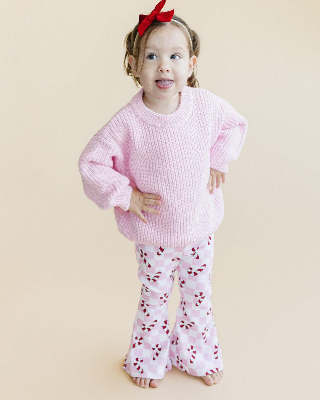 Girls Checkered Candy Cane Flare Pants | Pink