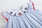 4th of July Blue Striped Stars Smocked Bishop Dress