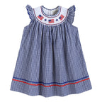 4th of July Royal Blue Gingham American Flag Smocked Bishop Dress