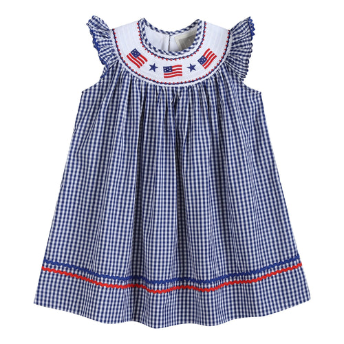 4th of July Royal Blue Gingham American Flag Smocked Bishop Dress