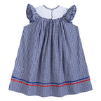 4th of July Royal Blue Gingham American Flag Smocked Bishop Dress