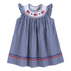 4th of July Royal Blue Gingham American Flag Smocked Bishop Dress - Blissfully Lavender BoutiqueLil Cactus