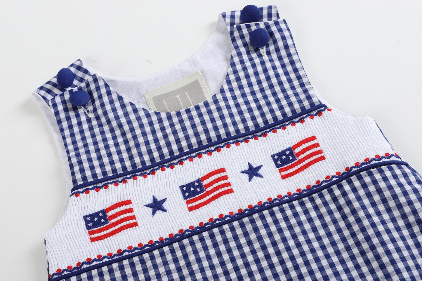 4th of July Royal Blue Gingham American Flag Smocked Shortalls