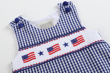 4th of July Royal Blue Gingham American Flag Smocked Shortalls