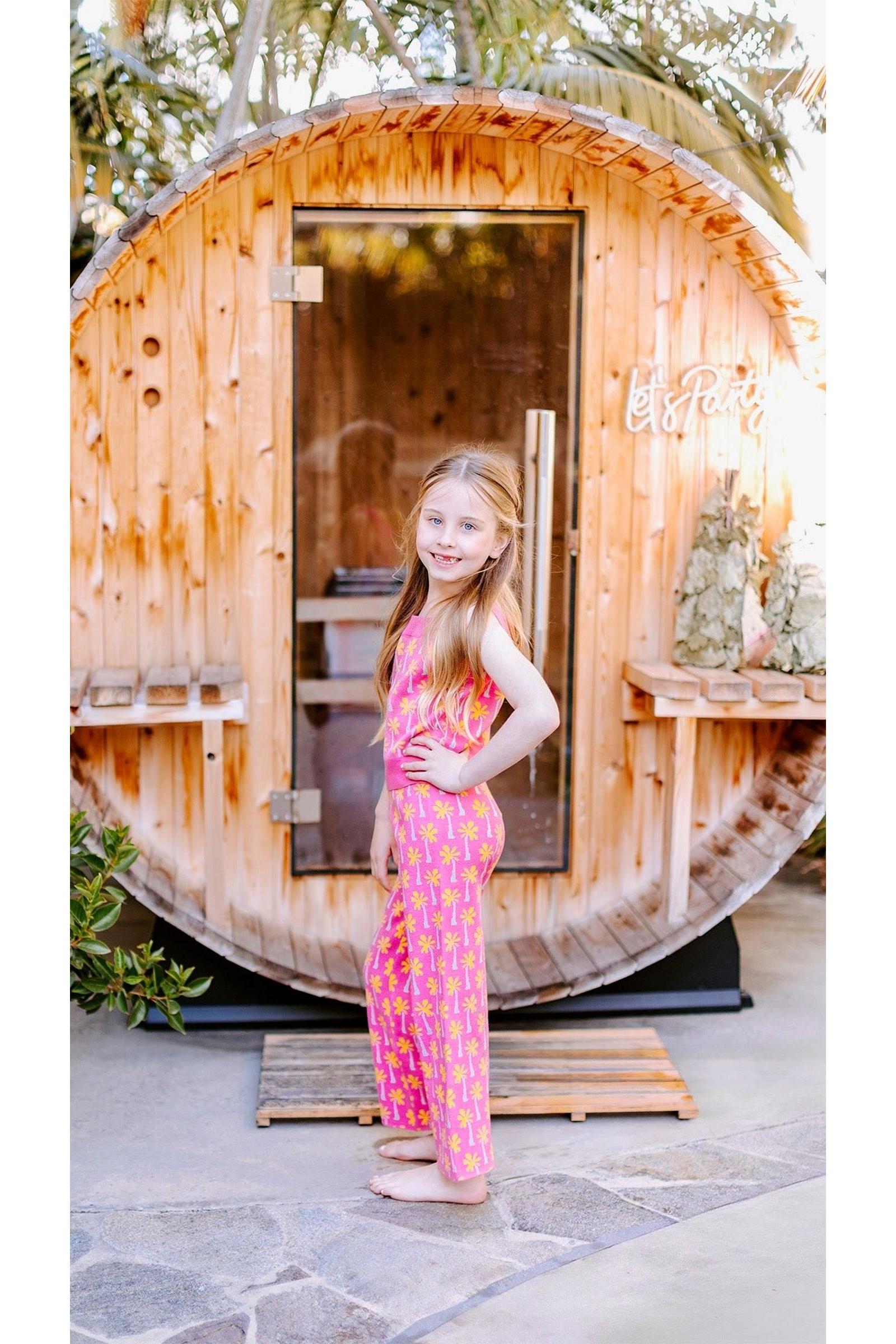 Pink Palm Tree Print Top and Pant Knit Set