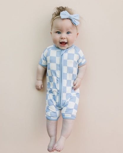 Blue Checkered Bamboo Shorty Baby Romper