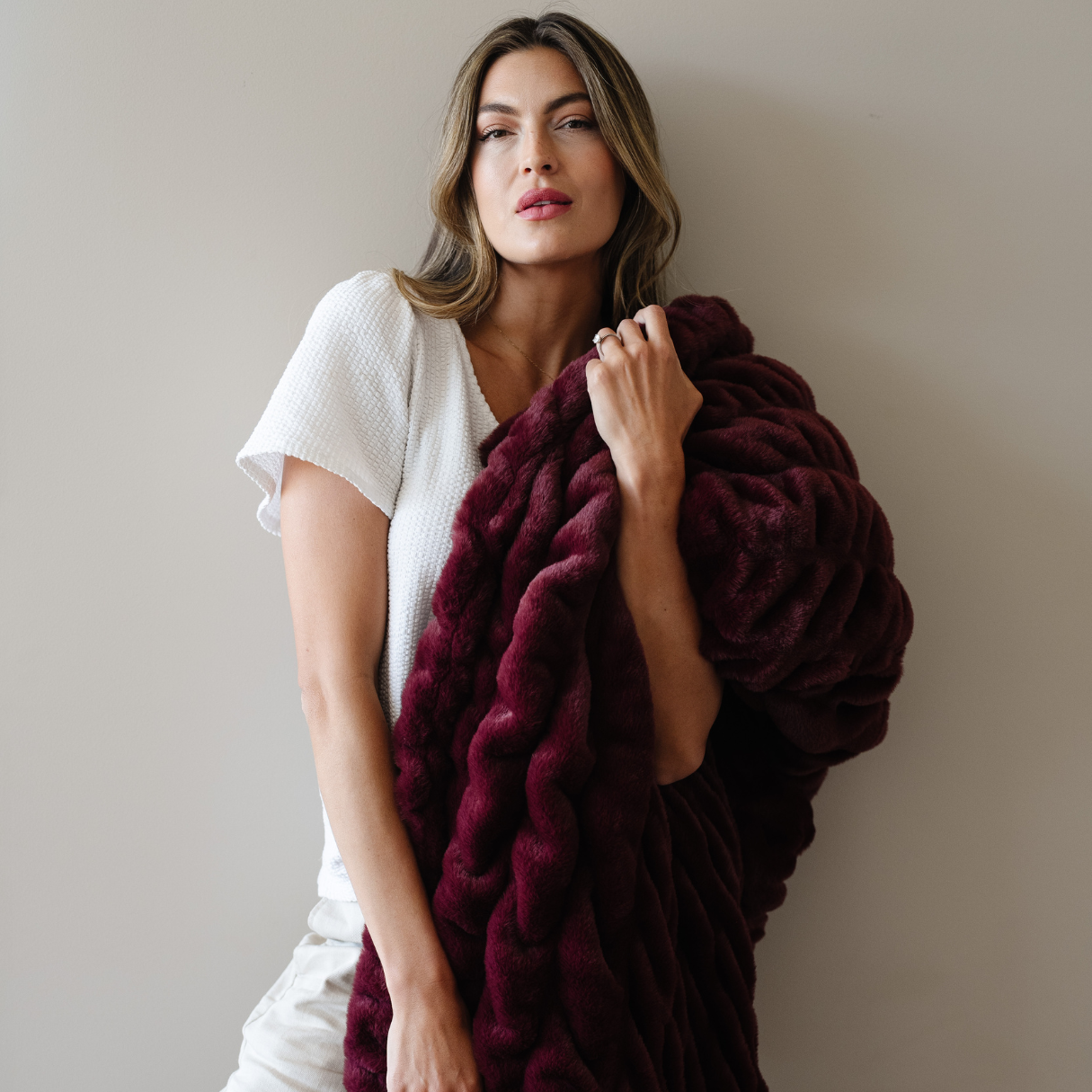 Double Ruched Faux Fur XL Throw Blanket