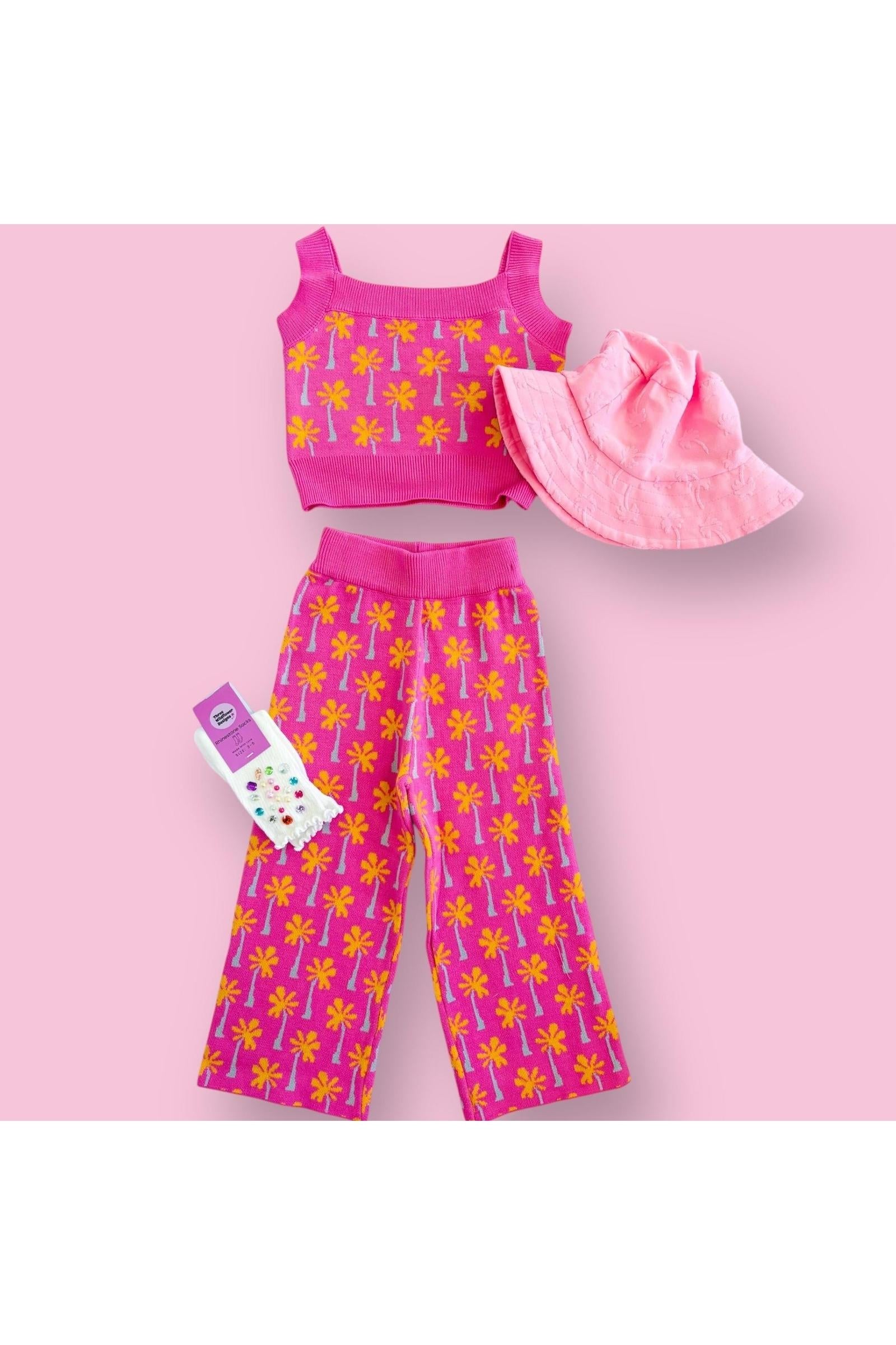 Pink Palm Tree Print Top and Pant Knit Set