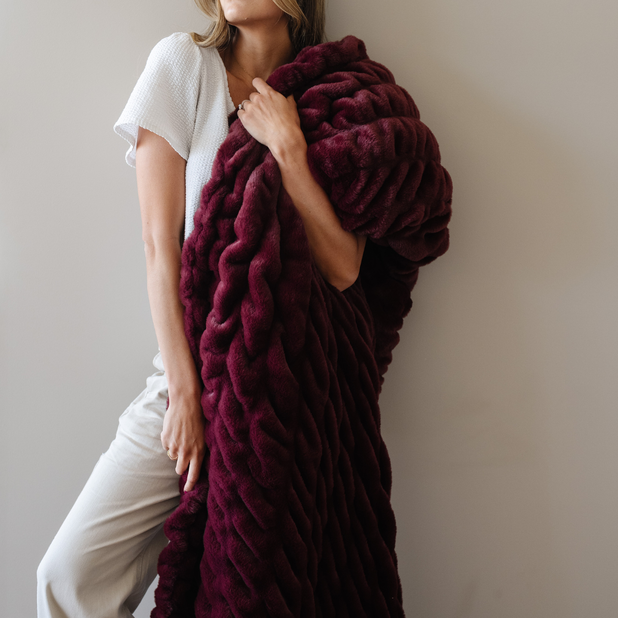 Double Ruched Faux Fur XL Throw Blanket