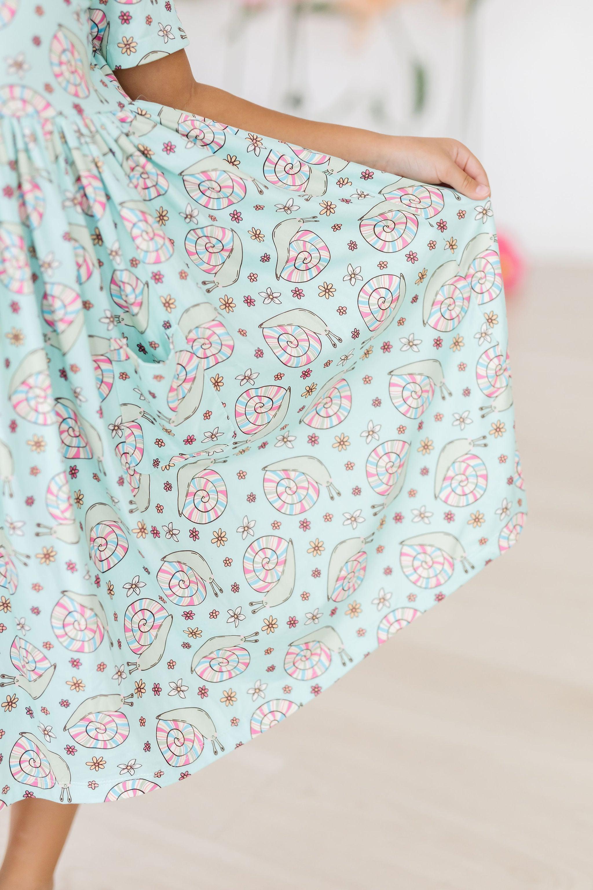 Girls Spring Snails Twirl Dress with Pockets