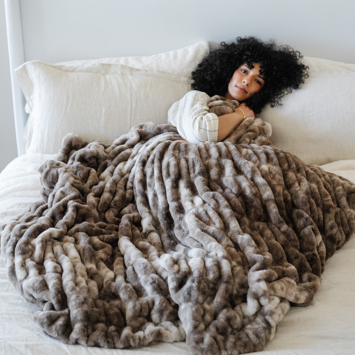 Double Ruched Faux Fur XL Throw Blanket