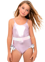 Metallic Pink Swimsuit with Sequin Belt & Silver Petals