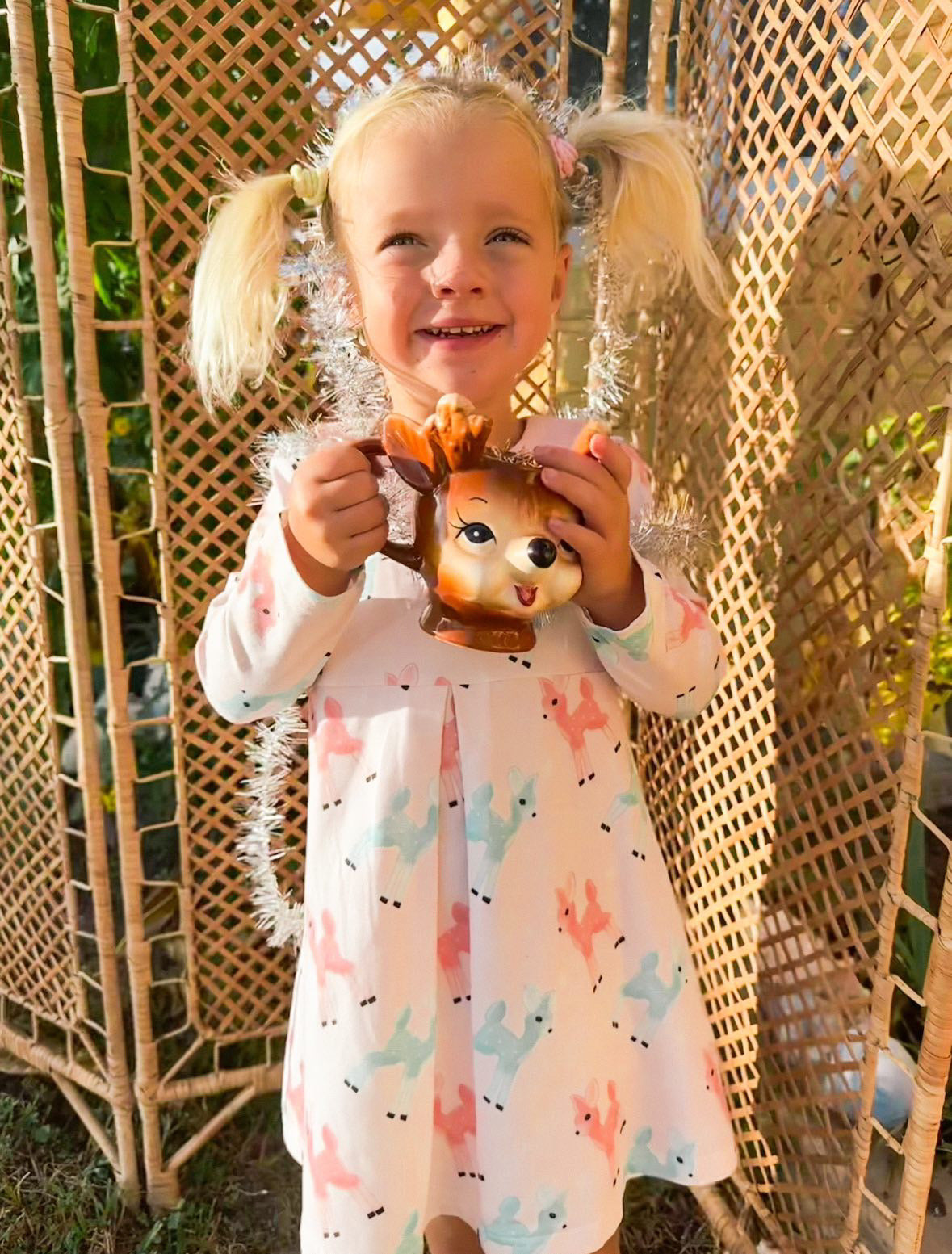 Girls Retro Pink and Teal Deer Winter Peter Pan Collar Dress