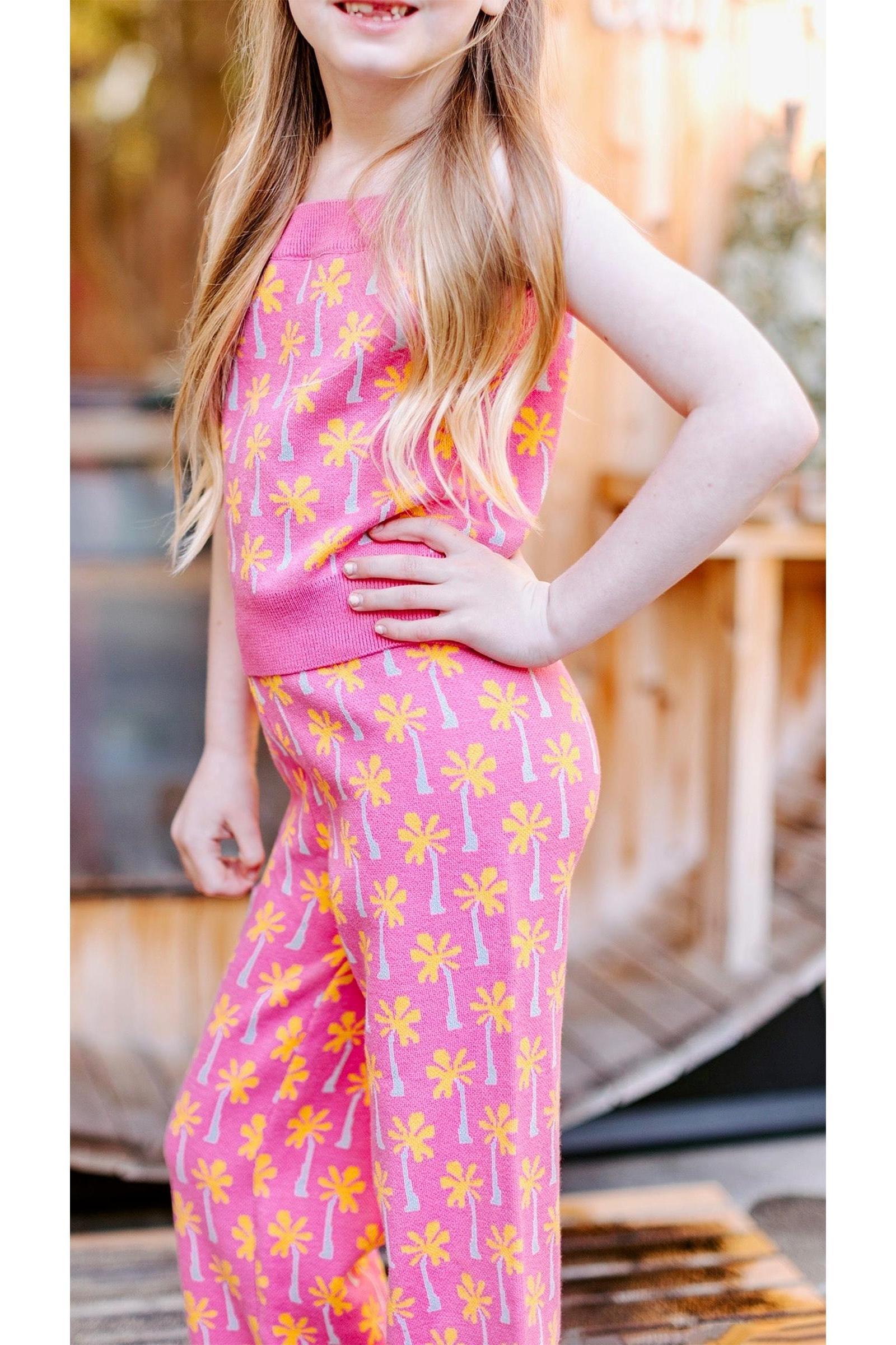 Pink Palm Tree Print Top and Pant Knit Set