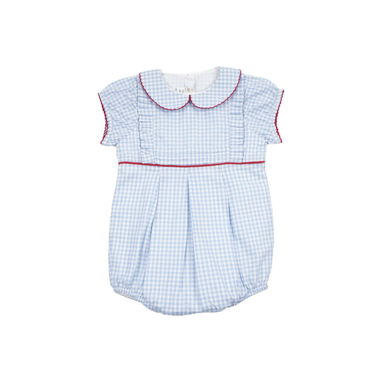 Baby Girl Gingham Pleated Bubble Romper, Blue