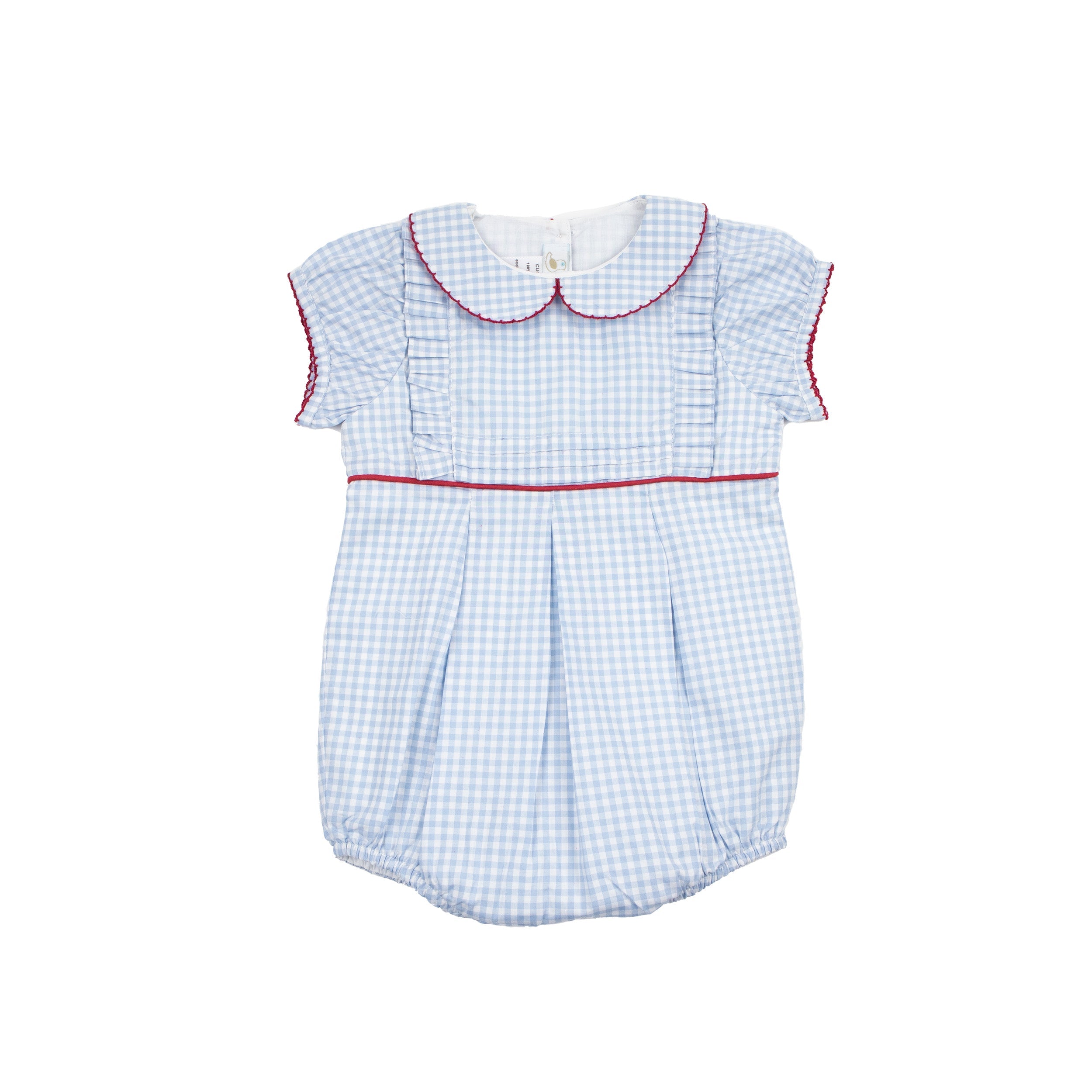 Baby Girl Gingham Pleated Bubble Romper, Blue