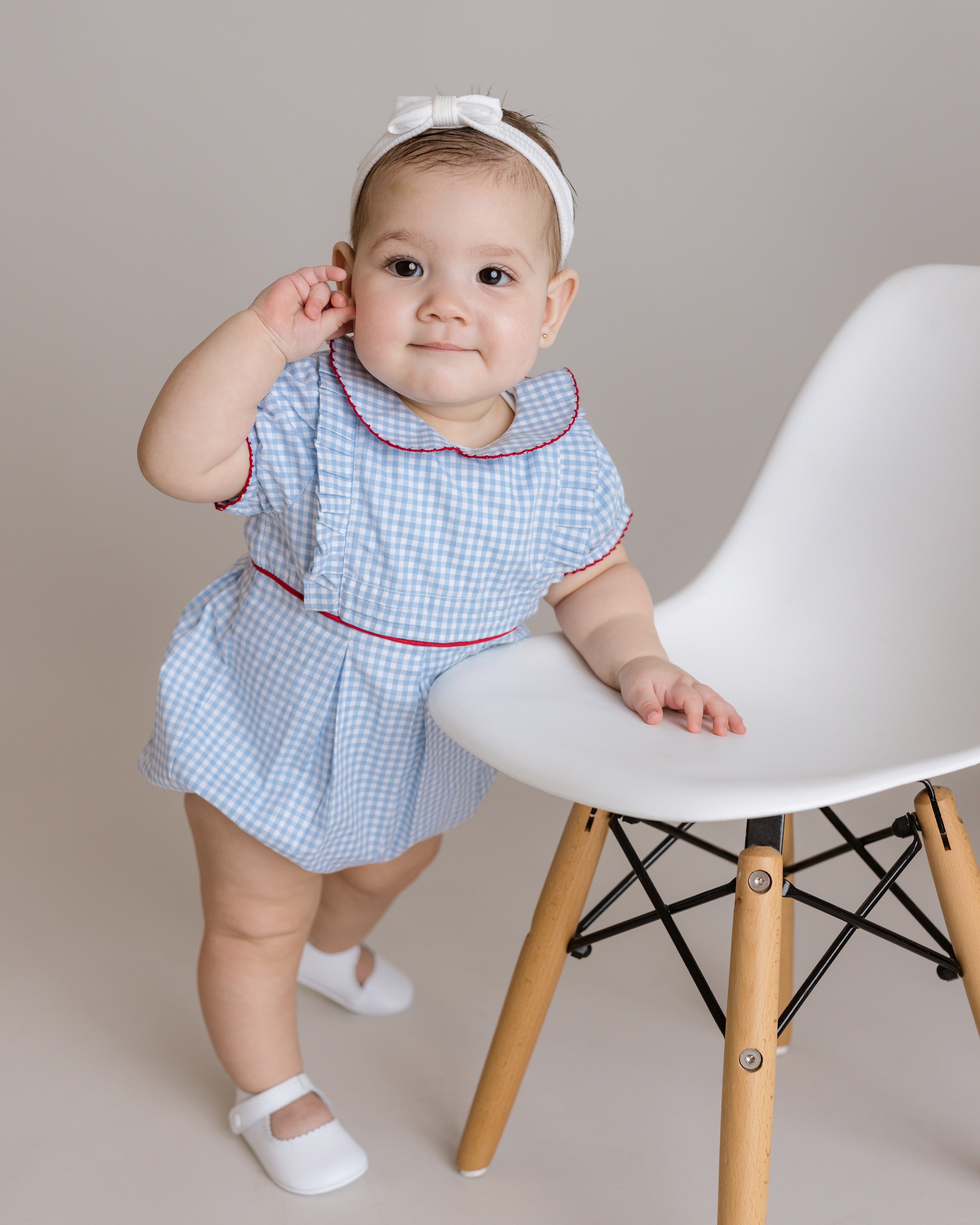 Baby Girl Gingham Pleated Bubble Romper, Blue